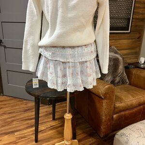 LoveShackFancy White and Pink Floral Mini Skirt